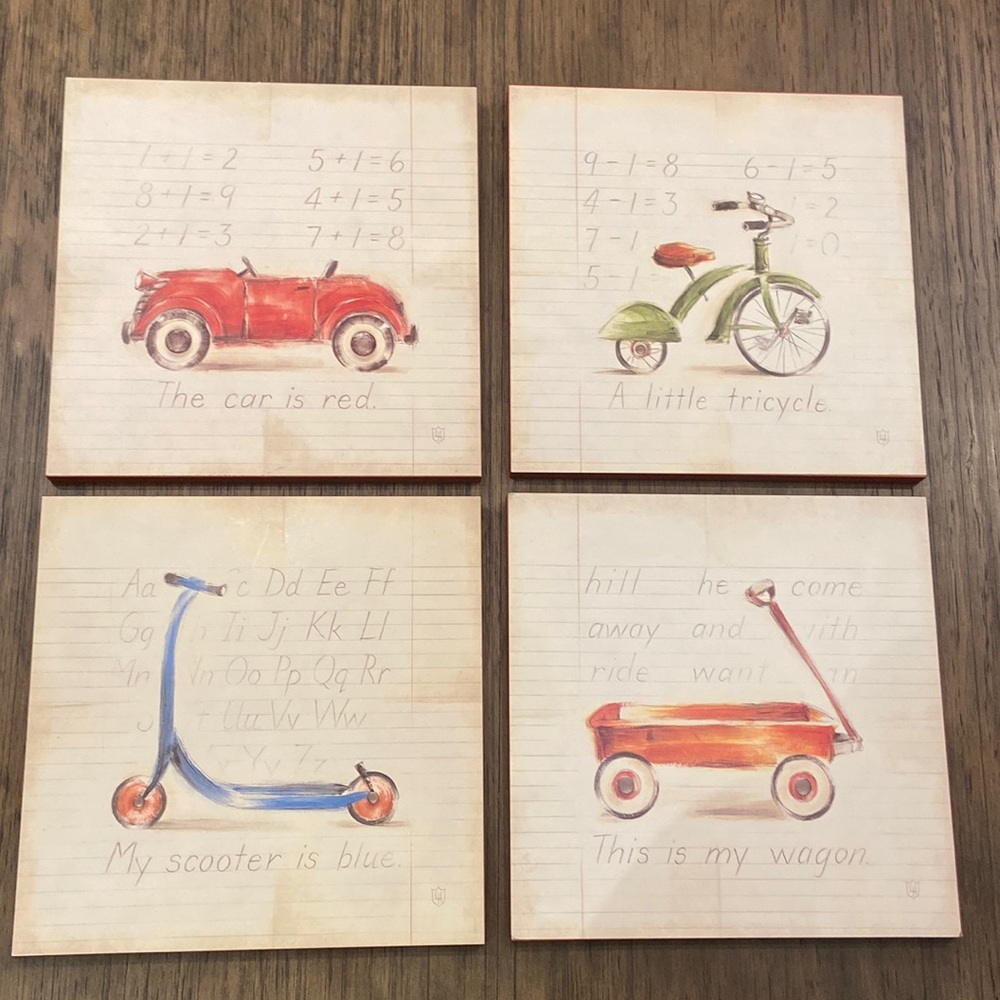 Art work - Pottery Barn Kids - set of 4 - Scooter, Red Car, Little Wagon, Bike